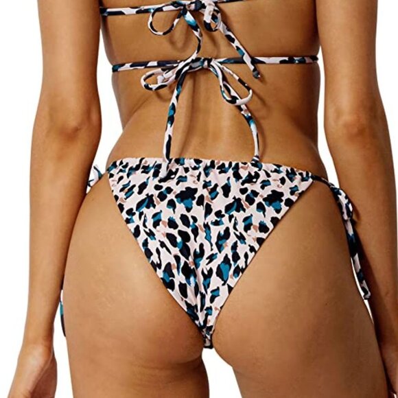 Tan and blue leopard print string bikini bottom M - Picture 2 of 5